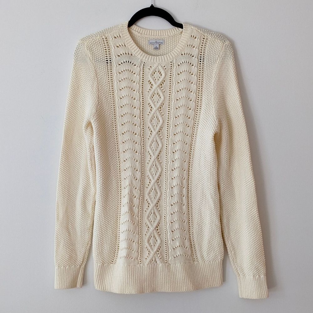 L.L. Bean Signature fisherman knit Cream crewneck cotton sweater size Small